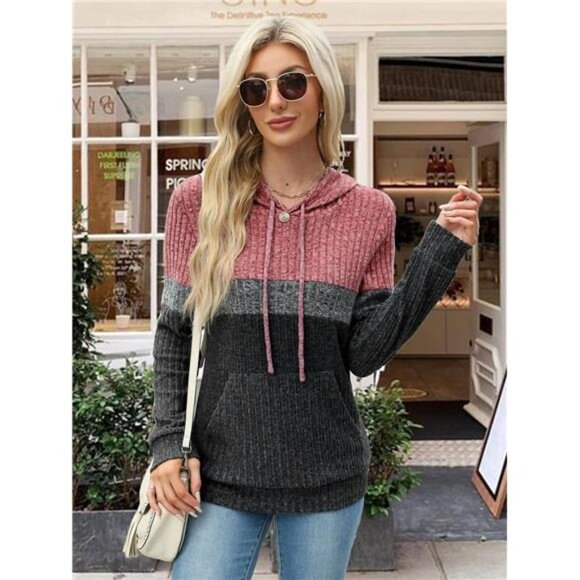 Women Color Block Hoodie Sweatshirt Long Sleeve Pullover Pocket Casual Tops - Picture 3 of 8